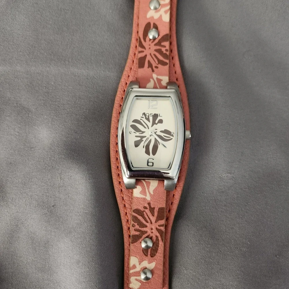 Fossil Womens Pink Leather Cuff Watch Floral Hibiscus Studded Band Rectangular